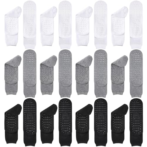 Foaincore 12 Pairs XX-Large Slipper Socks Terry Ring Non Slip Gripper Socks for Adults Home Hospital (Black,Grey and White)