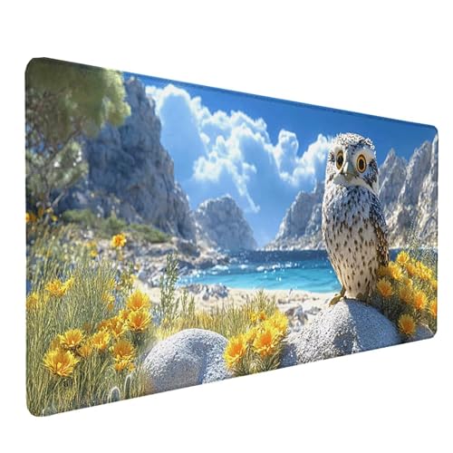 Tapis de souris XXL 80x30cm blanc Hibou antidérapant pour PC