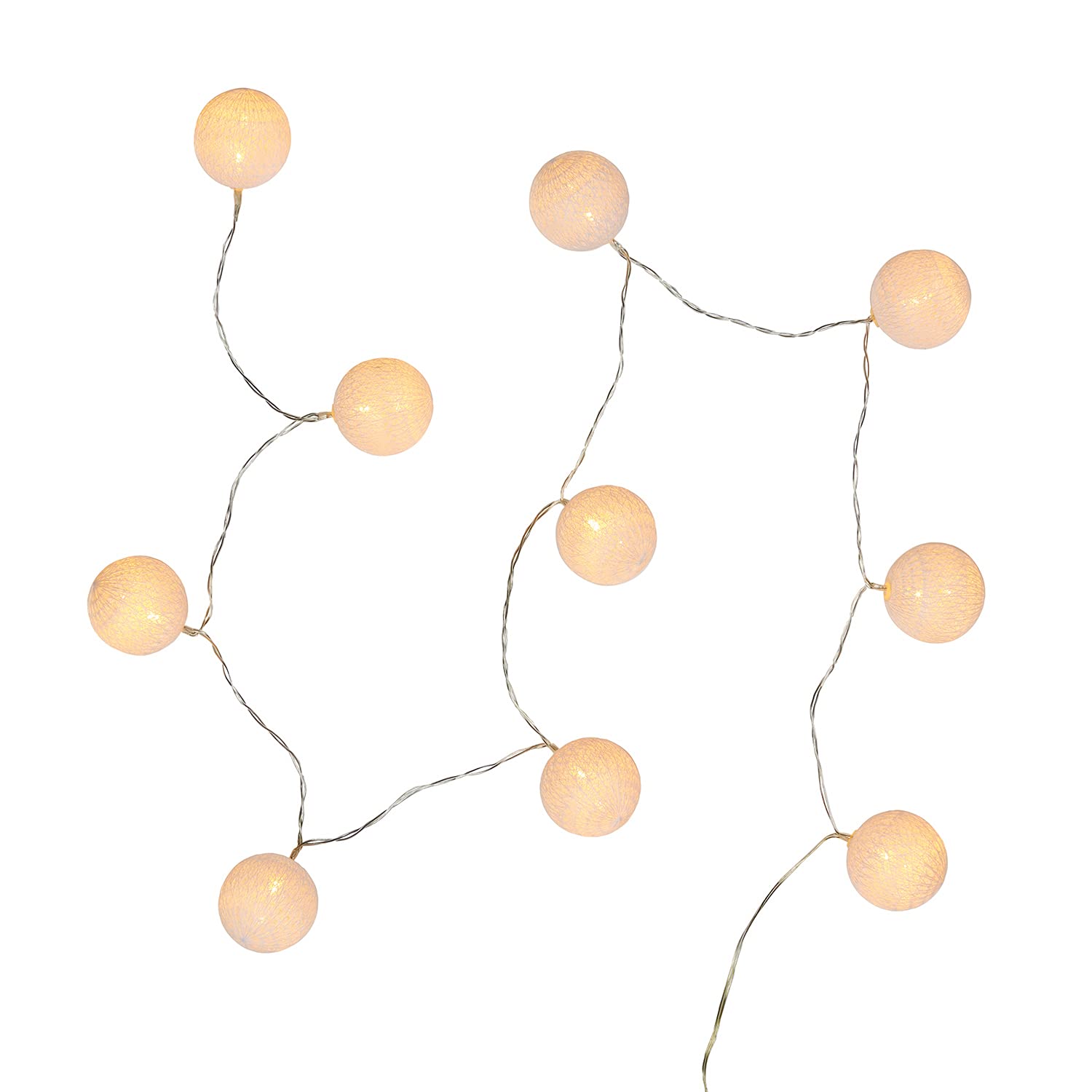 Lights4fun Guirnalda Luminosa de 10 Bolas de Algodón Blancas con LED Blancos Cálidos a Pilas con Temporizador Cadena de Luces Decoración para Interiores