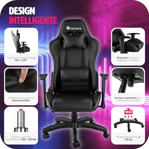 ® Poltrona da Ufficio Ergonomica, Sedia Gaming con Braccioli Imbottiti, Doppie Rotelle Resistenti, Struttura Robusta, Regolabile, Portata fino a 120 kg - Nero/Nero - Sedia gaming - Immagine 7