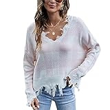  tinetill Pull Tricoté Femme Pull Court Déchiré à Manches Longues Col en V Pull Ample en Maille Fine Y2K Pull Tricoté avec Pompons à Motif Floral Streetwear