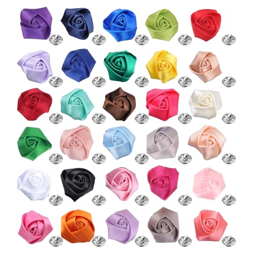 Image of 30 Pcs Elegant Rose Flower Men's Lapel Pins Handmade Satin Flower Boutonniere Brooch for Men Suit Wedding Party Groom Jewelry Accessories for Women Men