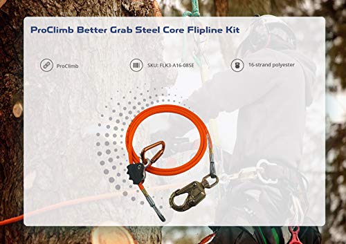 ProClimb Better Grab Steel Core Flipline Kit (1/2 inch x 12 feet) - Adjustable Tree Lanyard, Low Stretch, Cut Resistant – for Fall Protection, Arborist, Tree Climbers