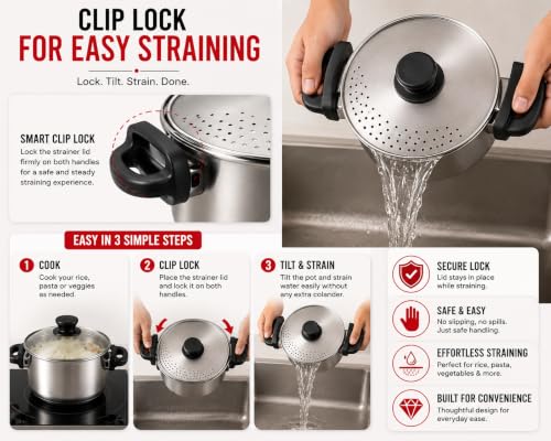 Image of RUDRA Stainless Steel Rice Cooker & Steamer with Glass Lid & Strainer Lid | Induction Base | Clip Lock Handles | Multipurpose Cooking Pot for Rice, Pasta, Vegetables, Noodles