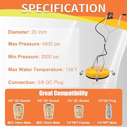 Image of Tool Daily 20 inch Pressure Washer Surface Cleaner Dual Handle,Power Washer Surface Cleaner Attachment with 4 Wheels, Pressure Washer Accessory for Driveway Sidewalk Curb Deck Patio Cleaning, 4500PSI