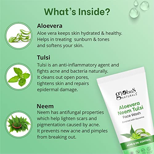 Image of Globus Naturals Aloe vera Neem Tulsi Enriched With Glycerin & Oil Control Formula Men & Women All Skin Types Face Wash 75gm (Pack of 3)