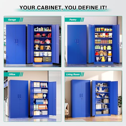 Image of SISESOL Blue Metal Storage Cabinet with 6 Shelves,71 inch Garage Storage Cabinet with Lock,6 Tier Steel Cabinets with Locking Doors,Lockable Cabinets for Home,Office,Shop,Garage