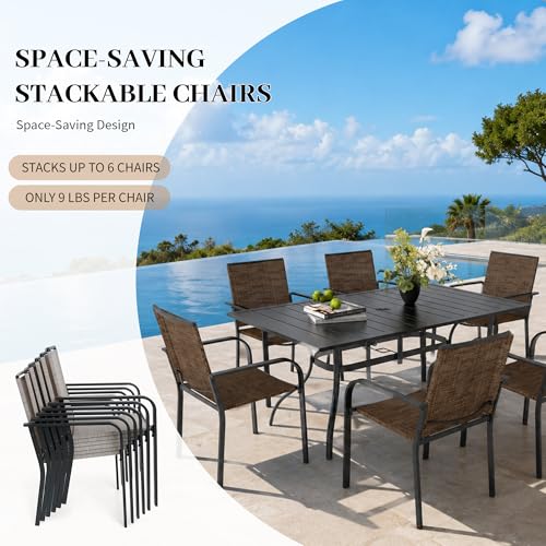 Image of Anmutig 7-Piece Outdoor Dining Set, Powder Coated Steel Table with 6 Stackable Chairs, Black and Brown, 63 x 38 Inch Table