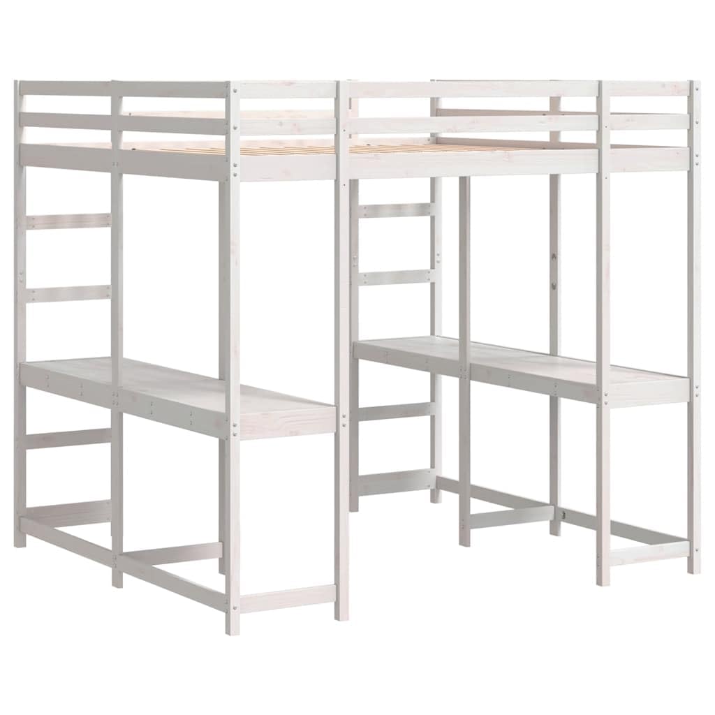 Cama alta con escritorio y escalera, marco de cama de pino blanco, 160 x 200 cm, cama de tamaño Queen robusta para niños y jóvenes, mueble que ahorra espacio