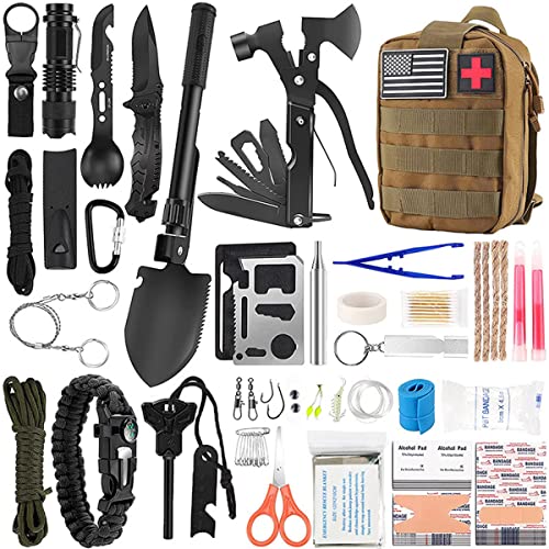 Kit de Supervivencia Emergencia Profesional, 157 en 1kit de Supervivencia Militar Completo y Multifuncional Equipo de Botiquín Primeros Auxilios para Camping Aventura al Aire Libre Senderismo,Brown