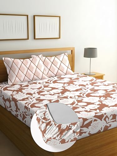 Image of Cotton Glace Cotton Elastic Fitted Bedsheet with 2 King Size Pillow Covers | Double Bed with All Around Elastic, Fits Upto 8 Inches Mattress, Size 72 x 78 Inches (Brown White)