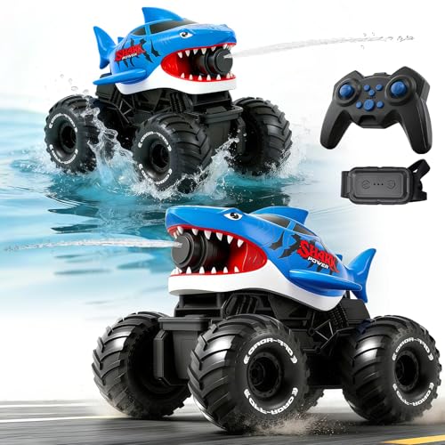 RoserRose Ferngesteuertes Auto, 2.4GHz RC Monster Truck Shark – Wasser-/Land Fahrzeug mit 10m Wasserpistole, 20 km/h, 30m Reichweite, 3X 1200mAh Akkus, Uhr-Fernbedienung, für Kinder ab 6-12 Jahre