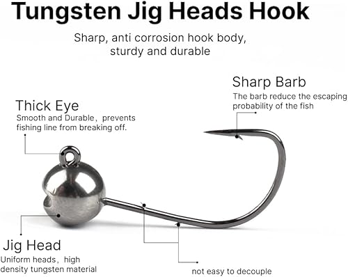 Miniatura 4 de MUUNN 10 cabezas de tungsteno con soporte para cebo, cabeza redonda para pequeños cebos de plástico y peces, Crappie y Bluegills