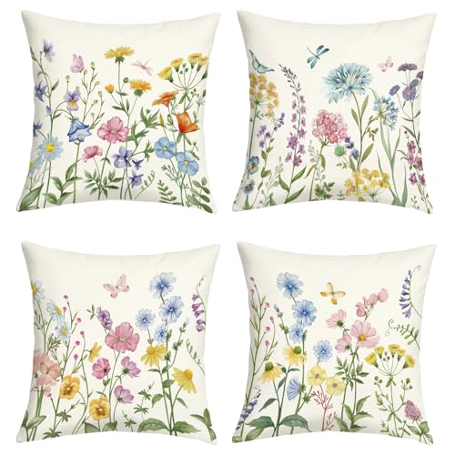 Image of Joymaison Spring Summer Colorful Floral Cushion Covers 45 x 45 Pack of 4 Garden Flowers Green Leaves Farmhouse Square Throw Pillow Case Decorative Sofa Cushion with Invisible Zipper