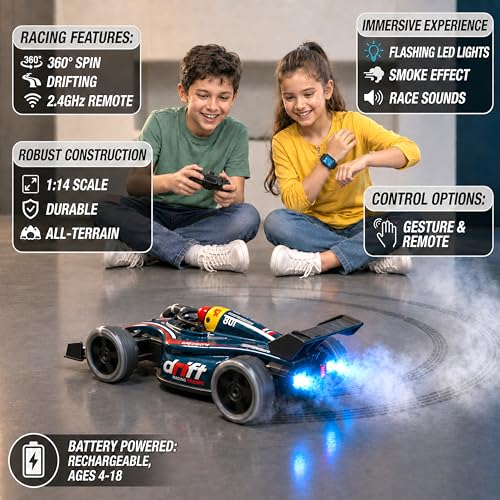 Image of VGRASSP 4WD Dual Control F1 RiseX Drift Stunt Mist Car Toy for Kids with Lights, Music - Rechargeable 360 Rotating RC Smoke Car with 2.4GHz Remote Control and Gesture Wrist Controller - Red