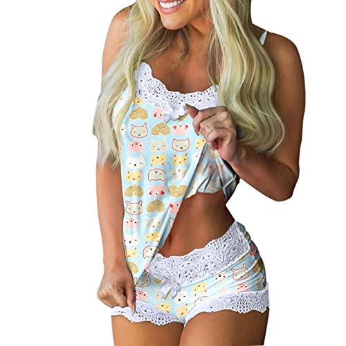 LIMILI Juego de pijama de encaje con correa sin mangas con lazo sin mangas, juego de pantalones cortos para dormir, pijama de encaje, ropa de dormir para mujer, noches sexys, 5_L, 5, L