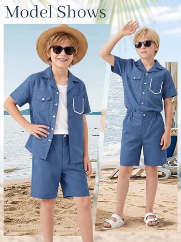 Image of LOLANTA Boys 2 Pieces Linen Set kids Short Sleeve Button Down Shirt and Shorts Summer Vacation Outfits