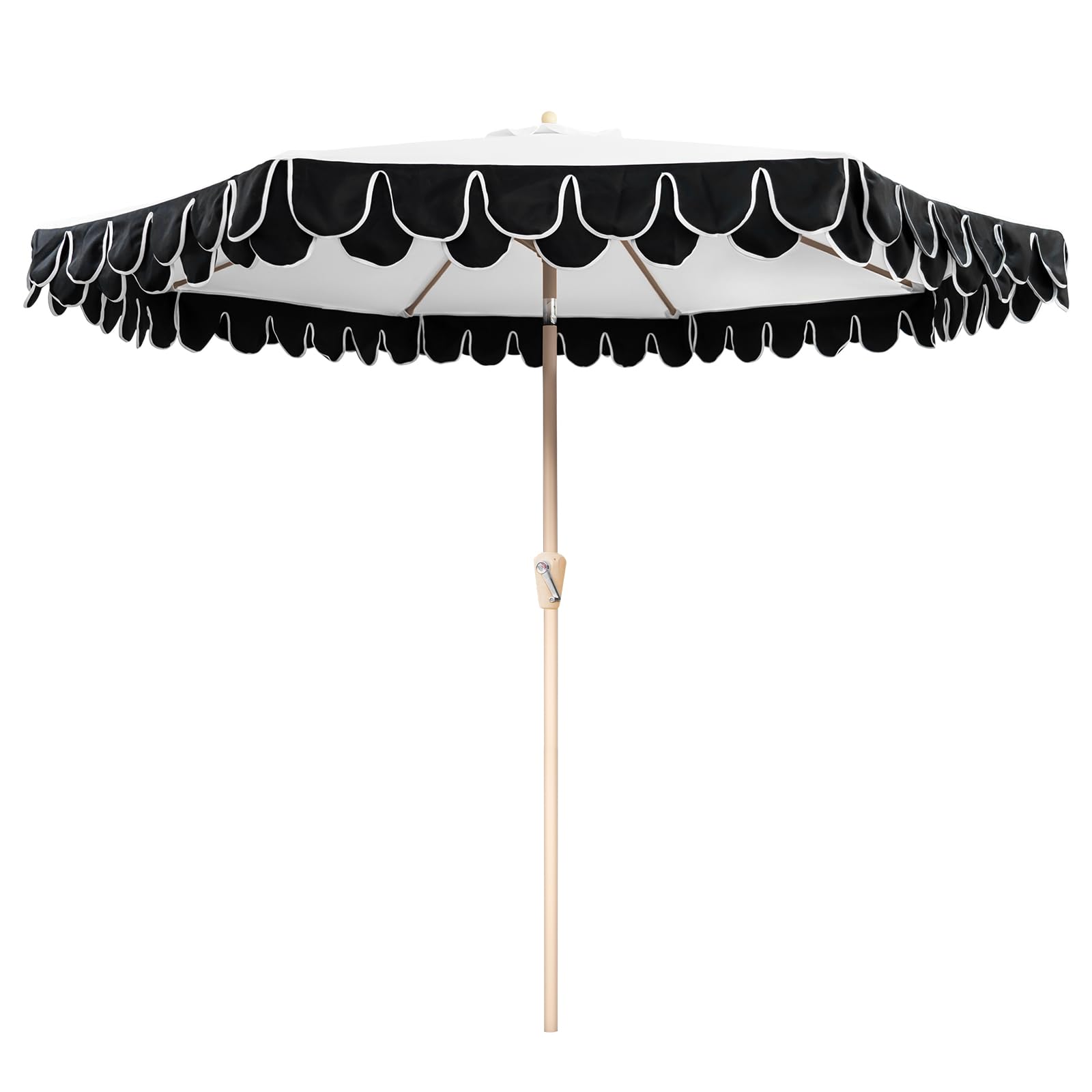 Mansader 2.7M Garden Parasol Umbrella with Tilt and Crank System, UPF 50+ Elegant Sun Umbrella with Fringe for Outdoor Patio Pool Yard, with Carry Bag, Black