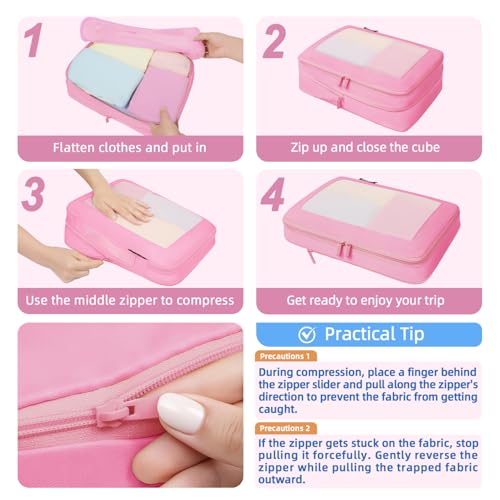 Image of BAGAIL 4 Set /6 Set /8 Set Compression Packing Cubes Travel Accessories Expandable Packing Organizers (Square Mesh, 06-Pink)