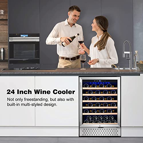 Image of Tylza 24 Inch Wine Fridge, 54 Bottles Wine Refrigerator, Under Counter or Freestanding, 40-65F, Lock, Double Layer Tempered Glass Door, Wine Cooler Refrigerator with Adjustable Wooden Shelves