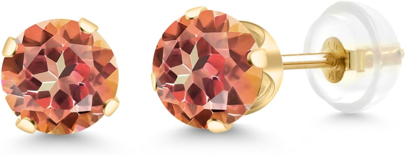Gem Stone King 14K Gold Gemstone Birthstone Solitaire Stud Earrings | Round 6MM | Gold Earrings For Women Men