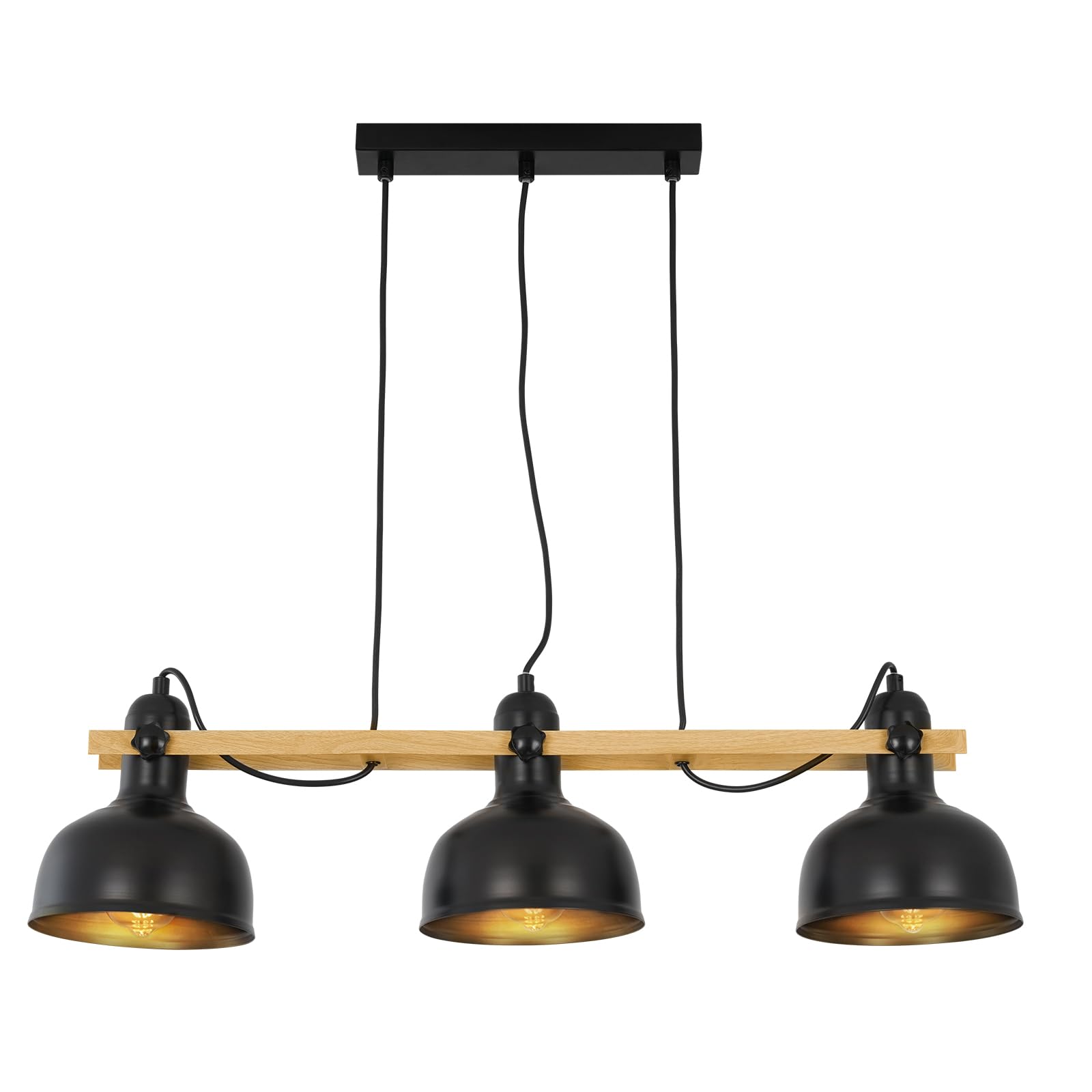 GBLY Hängelampe Vintage Pendelleuchte Holz Esstisch E27 Metall Hängeleuchte | 3 Flammig Holzbalken mit Schwarz Lampenschirm Retro Esszimmerlampe Industrial Esstischlampe für Küche Esszimmer