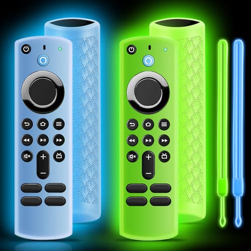 Image of ONEBOM (2 Pack) Silicone TV Remote Cover,Anti Slip Silicone Protective Case with Same Color Lanyard(Glow Green&Glow Blue)