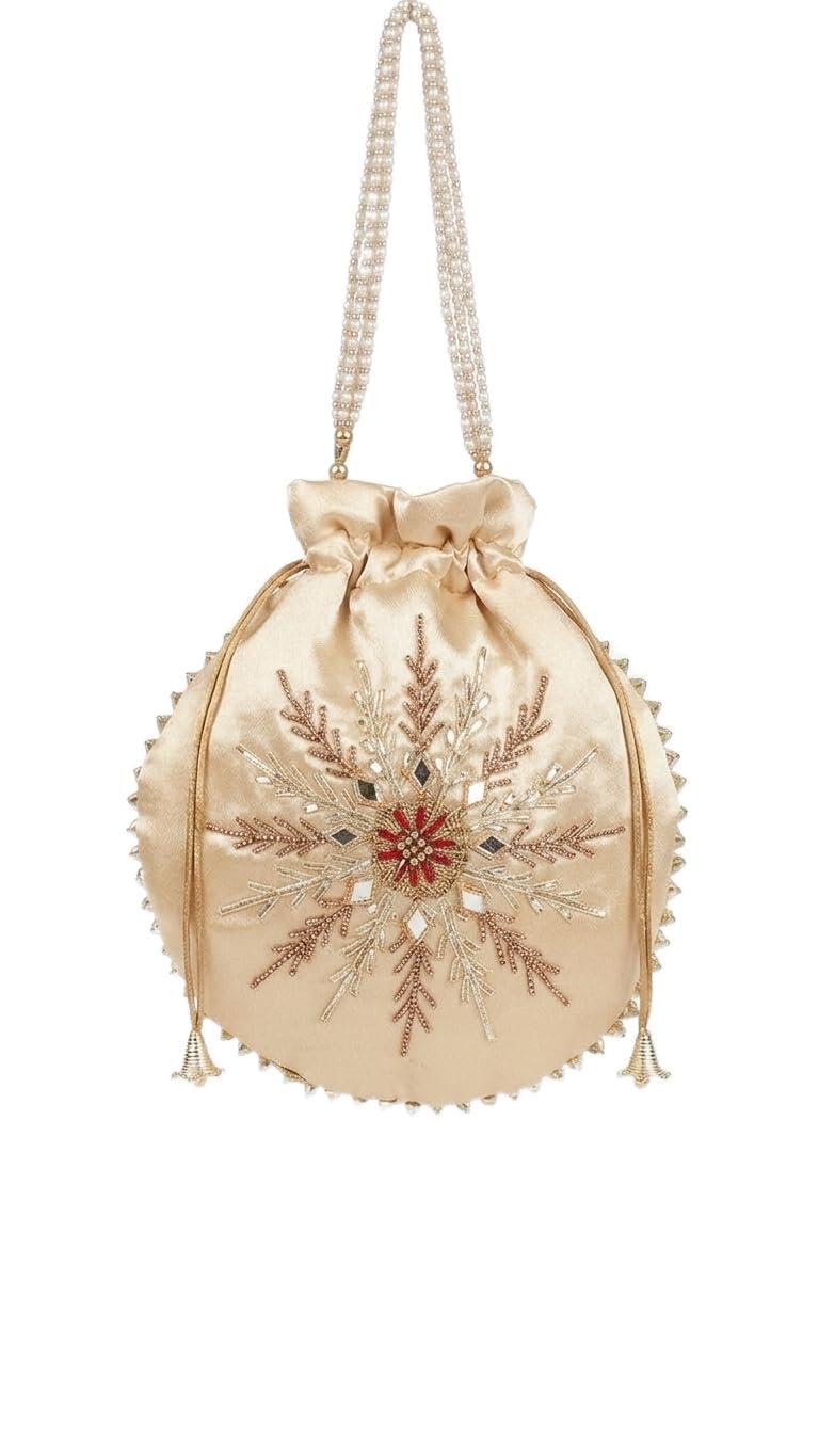 Premium Embroidered Silk Potli Bag for Women Ethnic Wedding bag for women, golden potli purse, wedding potli bag, ethnic drawstring pouch, bridal potli bag.-image-14