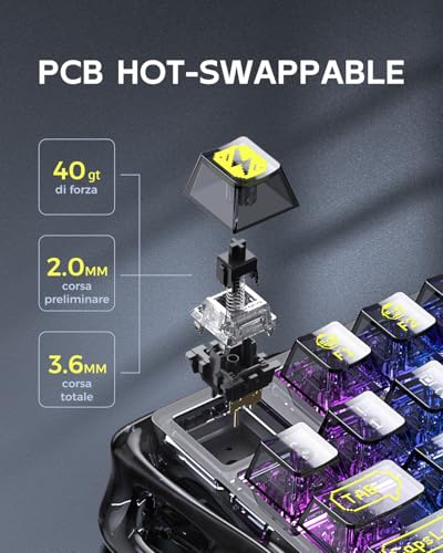 Mercury K1 Lite Tastiera Meccanica da Gioco con BT5.0/2.4G/USB-C, Gasket Hot Swappable Wireless Gaming Keyboard con Retroilluminazione RGB, 75% Layout QWERTY Tastiera senza fili per Win/Mac - Tastiera gaming - Immagine 3