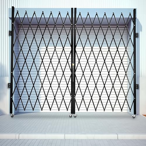Double Folding Security Gate, 12 x7.22Ft Retractable Driveway Door W/ 4 Wheels, Steel Accordion Design, Expandable Security Barrier, Lockable Garden Gate for Basements, Garages