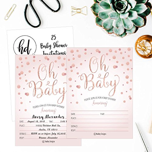 25 Blush Rose Gold Girl Oh Baby Shower Invitations, Cute Princess Printed Fill Or Write In Blank Invite, Printable Shabby Chic Unique Custom Vintage Coed Twin Sprinkle Party Card Stock Paper Supplies #TOP1