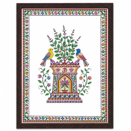 Image of PAPER PAJAMA Madhubani Vastu Tulsi Plant Wall Art for Living Room | Traditional Mithila Folk Painting with Birds & Om Motif | Indian Cultural Framed Decor for Home & Office (10x13 Inches)