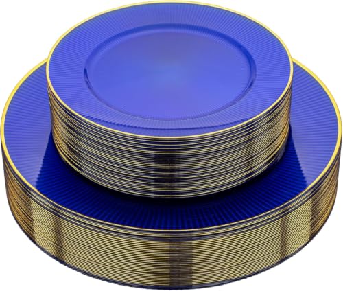 Hioasis 60 Pcs Blue Gold Plates for Party & Wedding