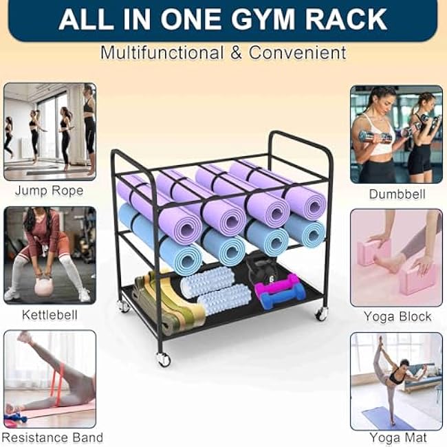 Yoga Mat Rack Storage Cart Basket Home Gym Storage Organizer Rack Equipment Weight Rack for Yoga Block, Foam Roller, Resistance Band, Dumbbell, Kettlebell (Black)