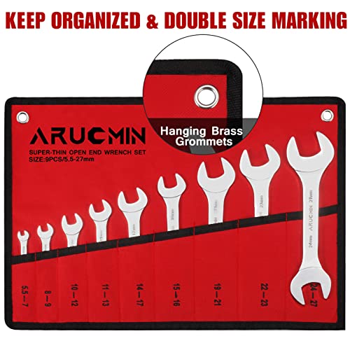 Arucmin Super-Thin Open End Wrench Set, 9-Piece 5.5Mm To 27Mm Chrome Vanadium Steel Metric Wrench Set With Rolling Pouch #TOP4