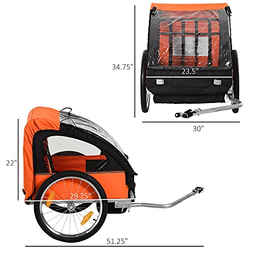 Aosom 2-Seat Child Bike Trailer For Kids With A Strong Steel Frame, 5-Point Safety Harnesses, & Comfortable Seat, Orange #TOP2