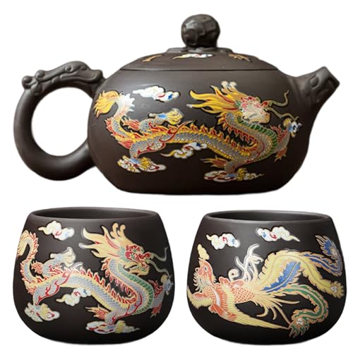 Magische Teekanne, Kung-Fu-Teeservice, farbwechselndes chinesisches Teeservice mit Drachen und Phönix. Enthält 1 lila Ton-Teekanne und 2 Teetassen Magische Teekanne, Kung-Fu-Teeservice, farbwechselndes chinesisches Teeservice mit Drachen und Phönix. Enthält 1 lila Ton-Teekanne und 2 Teetassen