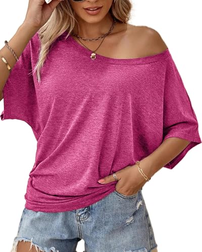 Image of Hilinker Womens Short Batwing Sleeve T Shirt Oversized Casual Tee Hot Pink X-Large