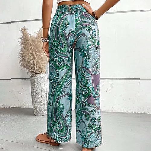 Women Fashion Beach Pants Belted Frilled Waist Tropical Print Boho Pants Wide Leg Palazzo Pants Summer Ladies (Green, L)4