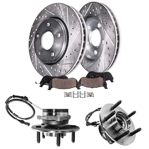 Image of Detroit Axle - 4WD Front Wheel Bearing Hubs Brake Kit for 2000-2003 | Ford F-150 Drilled & Slotted Brake Rotors Ceramic Brake Pads Wheel Bearing Hubs Assembly 2001 2002 Replacement