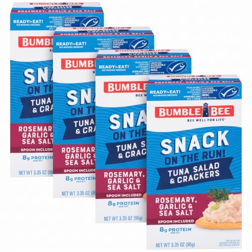 Bumble Bee Snack On The Run Rosemary, Garlic, &amp; Sea Salt Tuna Salad with Crackers Kit - Ready to Eat Protein Snack Pack - 8g Protein per Box - Wild Caught MSC Certified Tuna (Pack of 4)