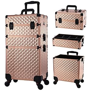 Stagiant Professional Makeup Trolley Box 3 Tiers Vanity Rolling Case Cosmetic Organiser Box Beauty Case On Wheels Storage Case Lockable with Locks, Rose Gold