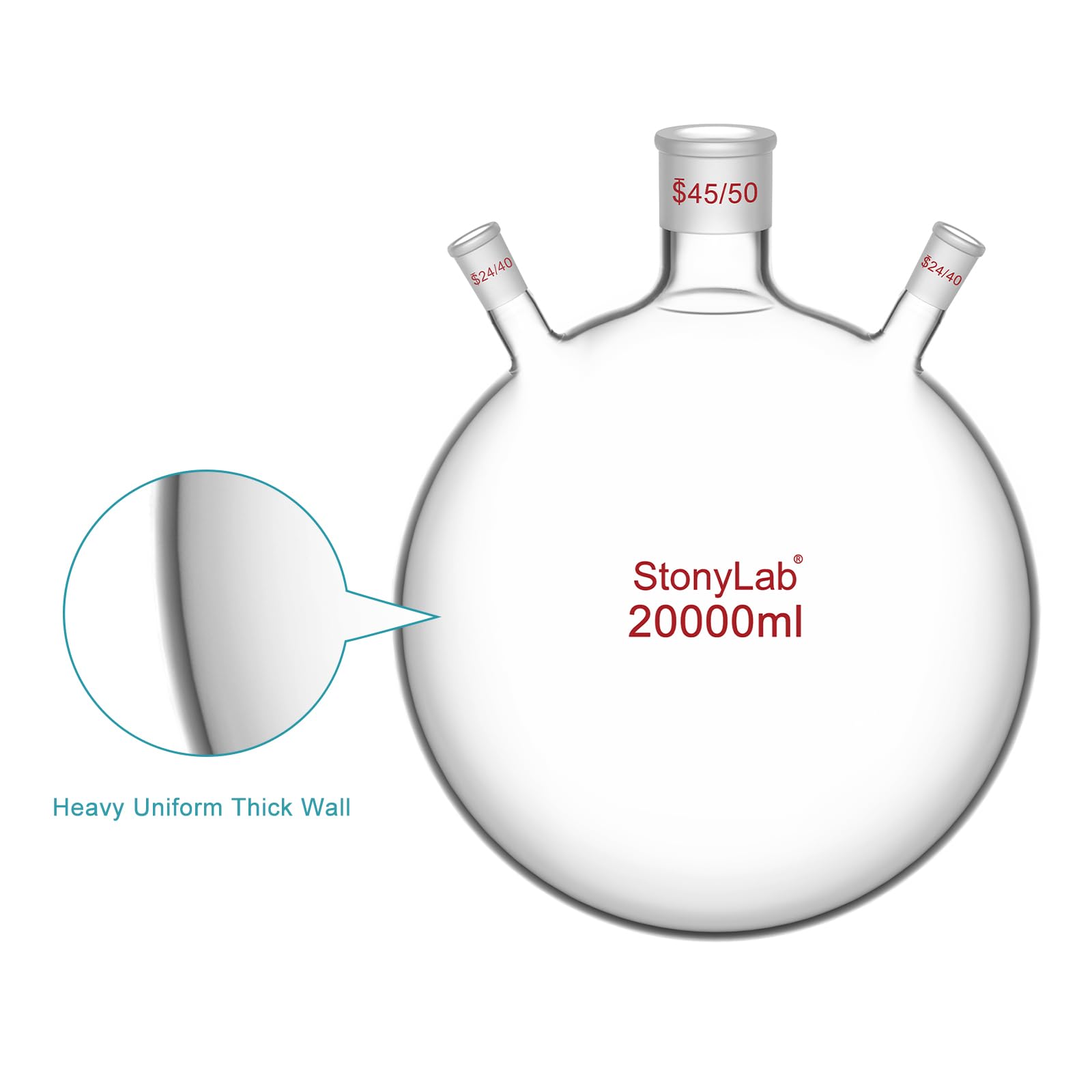 stonylab 3-Cuello Fondo Circular Botella RBF, 20 L Matraz de Laboratorio Paredes Pesadas de Vidrio Borosilicato Matraz Hirviendo con 45/50 Centros y 24/40 Conectores Exteriores Laterales