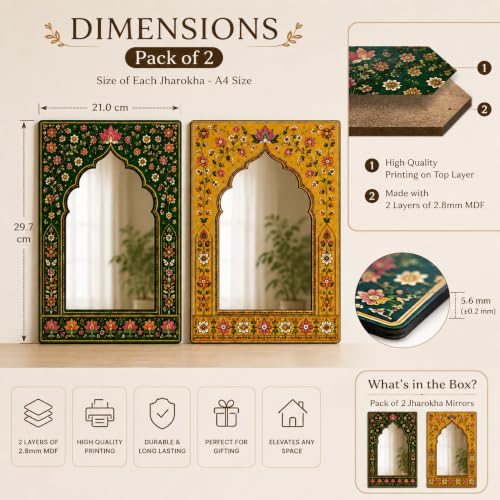 Image of American Elm Pack of 2 Jharokha Mirror Wall Decor for Home Decor Living Room Indian Floral Arch Acrylic Mirror Wall Hanging