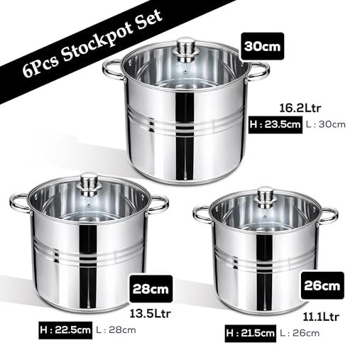 6 Pcs Stainless Steel Stockpot Set with Glass Lids – Heavy Duty Induction Cooking Pots (16.2L, 13.5L, 11.1L) | Large Soup & Stew Pots for Kitchen, Catering, and Home Cooking Cookware Set - Image 5