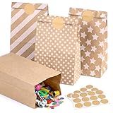 VGOODALL 36 Pack Brown Kraft Paper Bags with Stickers - 8.7"x4.7"x3.1" Assorted Pattern Party Favor Bags, for Wedding, Kids Birthday, Retail Packaging & Lunch Treats