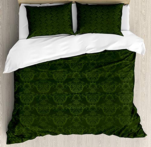 Lunarable Hunter Green Duvet Cover Set, Victorian Damask Rococo Renaissance Swirled Classic Floral Petals Pattern, Decorative 3 Piece Bedding Set With 2 Pillow Shams, California King, Green #TOP14