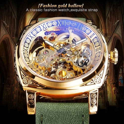 Image of FORSINING Fancy Watches for Men, Square Retro Mechanical Watch Self-Wind Carved, Gear Movement Golden Skeleton Automatic Watches Vintage Leather Strap Wrist Watch