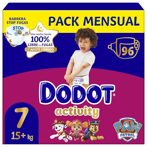 Dodot Pañales Bebé Activity, Talla 7 (15+ kg), 96 Pañales, Hasta 12h de Protección Antifugas y Ajuste, Pack Mensual