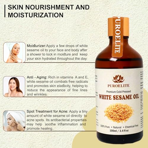 Image of Premium Cold Pressed White Sesame (Til ka tel) 100% Pure & Natural for, Face, Hair, Glowing Skin, Pain relief, Glass bottle with dropper, 100 ml